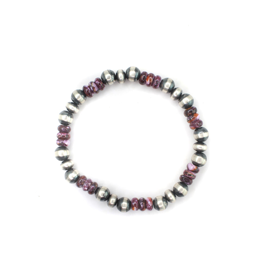 Navajo Pearl Stretch Bracelet - 7mm Disk/Round Combo - Purple Spiny Oyster