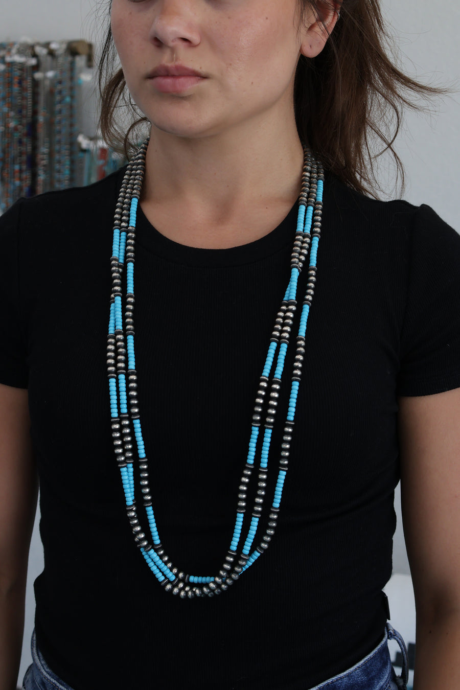 3 Strand Navajo Pearls - Turquoise 36”
