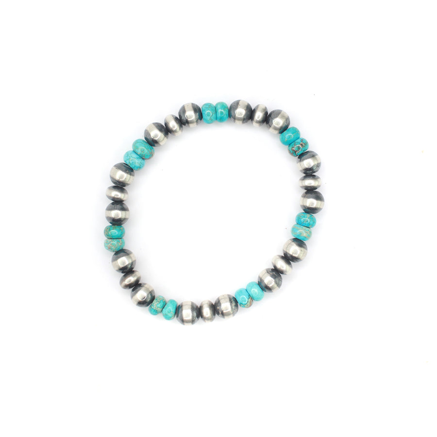 Navajo Pearl Stretch Bracelet - 7mm Disk/Round Combo - Turquoise
