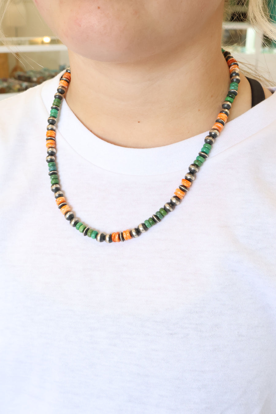 8mm Navajo Pearls - Orange Spiny Oyster/Green Turquoise