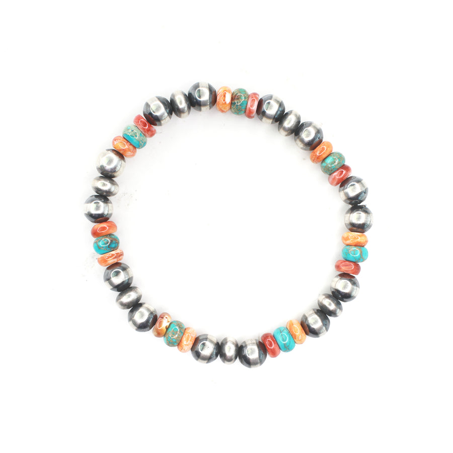Navajo Pearl Stretch Bracelet - Turquoise, Red and Orange Spiny Oyster