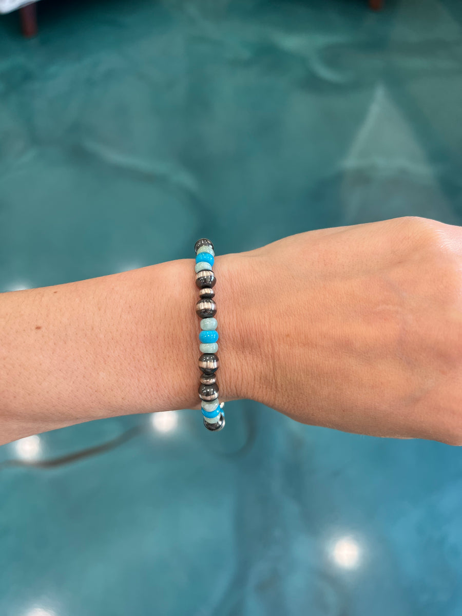 Navajo Pearl Stretch Bracelet - Larimar & Turquoise
