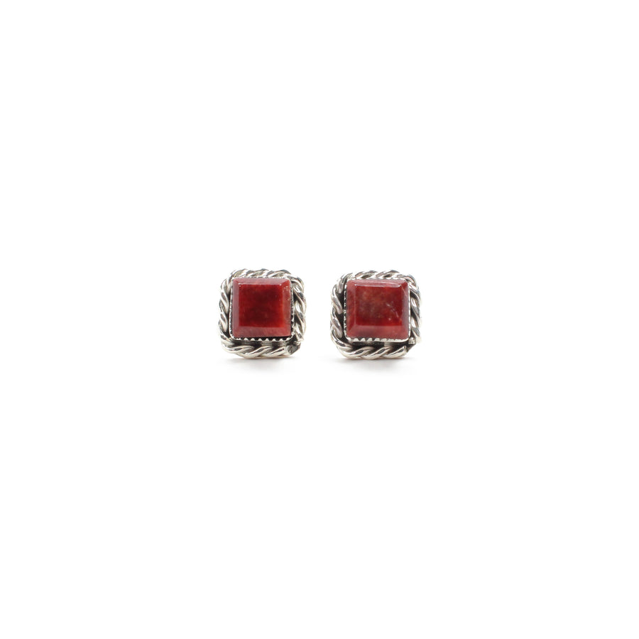 Double Twist Square Studs - Red Spiny Oyster