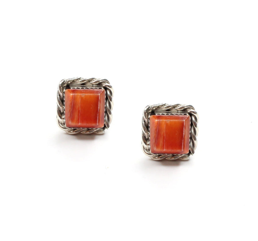 Double Twist Square Studs - Orange Spiny Oyster